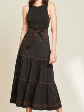 Veronica Beard Austyn Brown Tiered Midi Dress Contrast Stitch M Minimal Resort